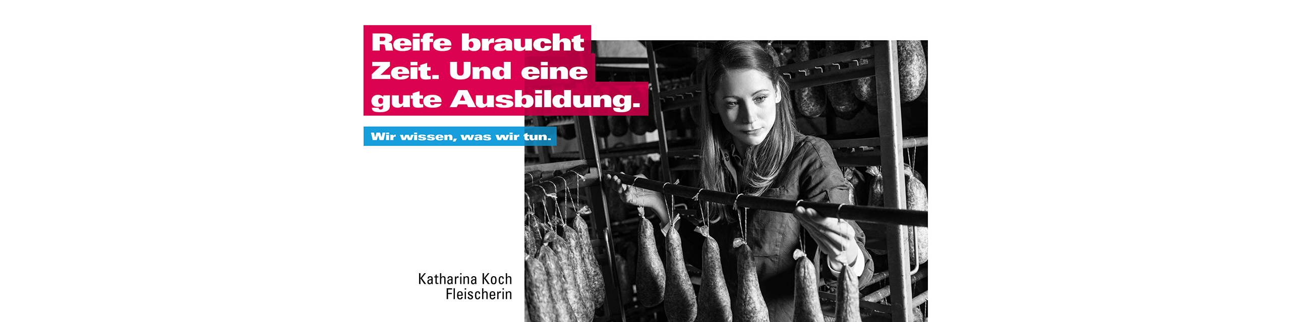 Kampagnenplakat mit der Botschafterin Katharina Koch hängt Wurst auf. 