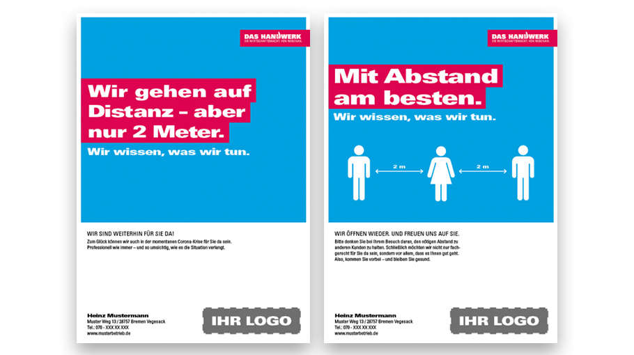 "Wir gehen auf Distanz – aber nur 2 Meter." und "Mit Abstand am besten." sind für die Ladentür besonders geeignet. Alle Motive sind auch für Social Media verfügbar.